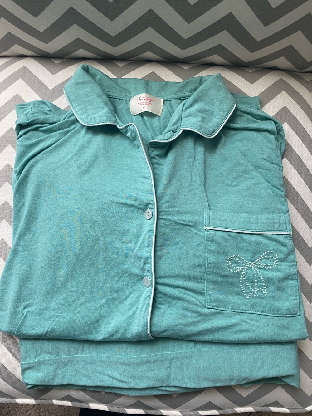 Women's Teal Button-Front Pajama Top with Pocket Bow Detail
